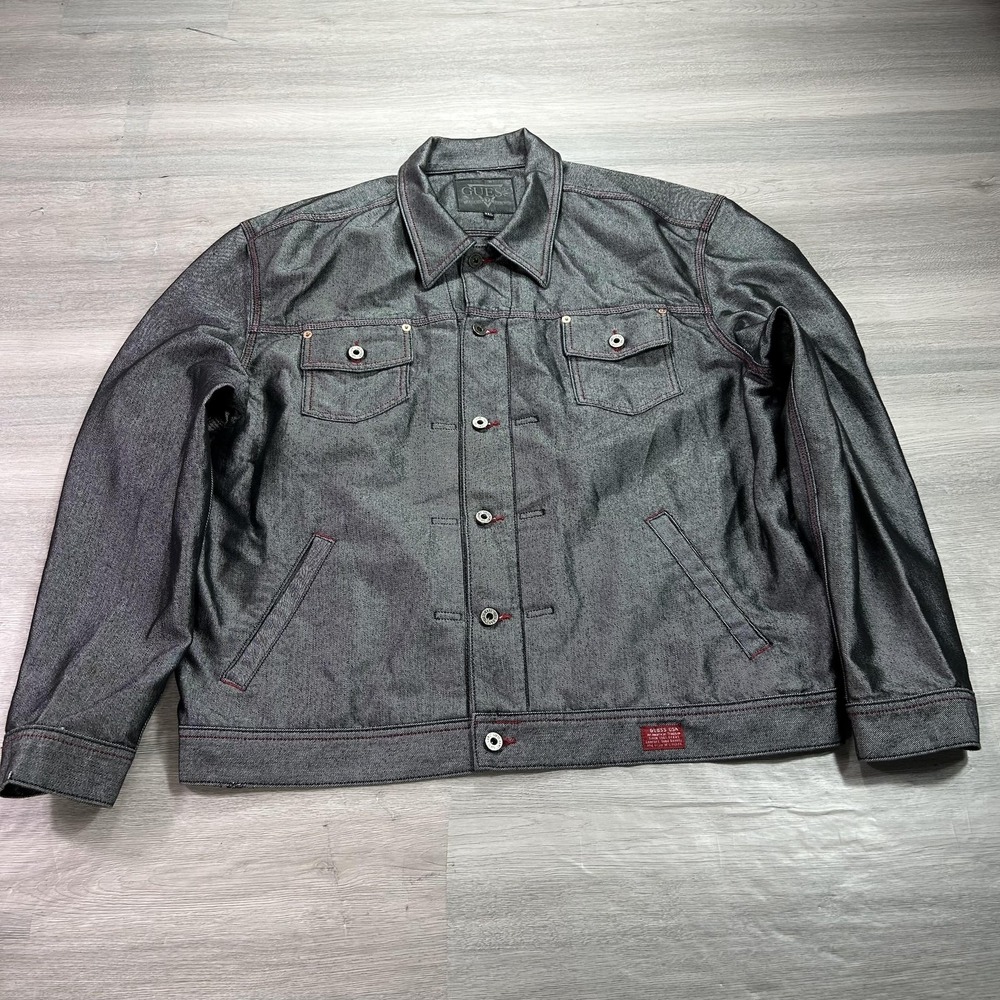 VINTAGE Guess Denim Jacket Mens 3XL Gray Premium USA Made Trucker Red Stitching